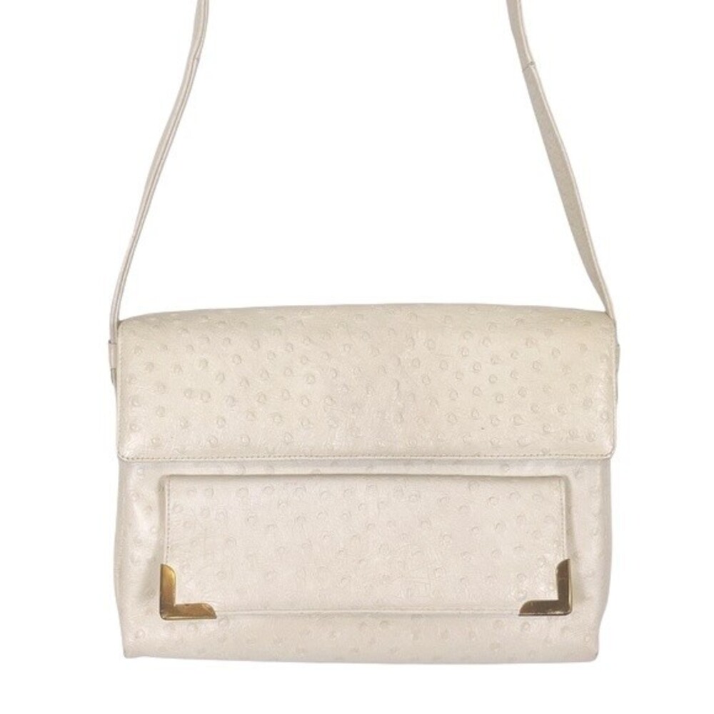 VINTAGE Palizzio Cream Italian Ostrich Leather Adjustable Flap Shoulder Handbag
